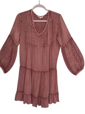 SOLITAIRE Boho Embroidered Pintuck Tiered Dress Mauve Size Small